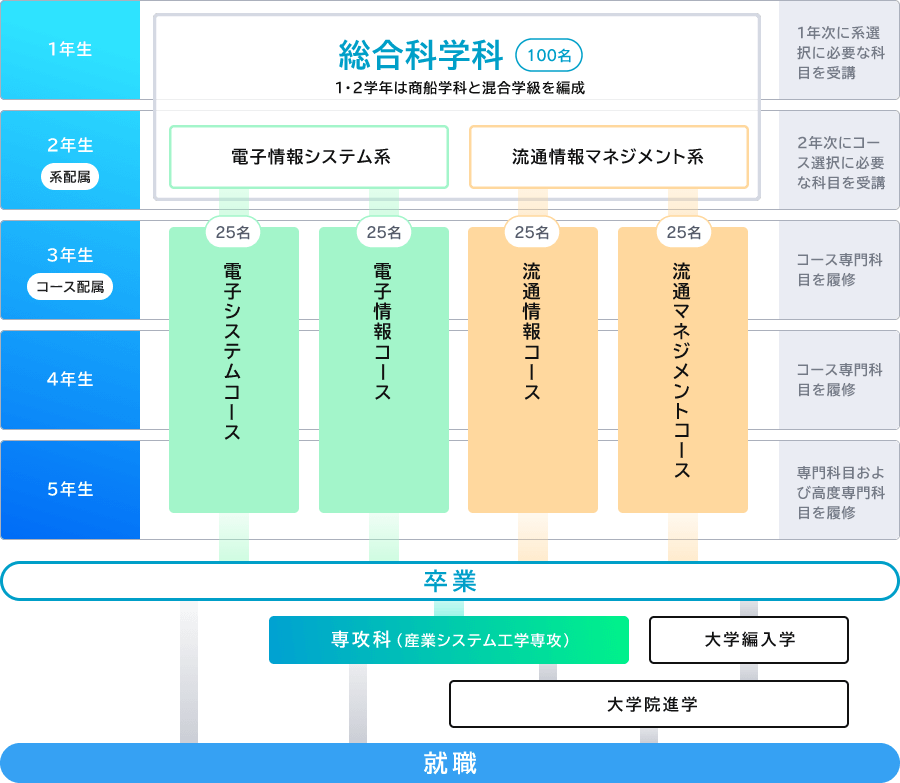 1年生：総合科学科100名 2年生までは4クラス35人の学科コース混成学級を編成（1年次に系選択に必要な科目を受講）、2年生（系配属）【流通情報マネジメント系】【電子情報システム系】（2年次にコース選択に必要な科目を受講）、3年生（コース配属）・4年生（コース専門科目を履修）・5年生（専門科目および高度専門科目を履修） 【25名流通情報コース】【25名流通マネジメントコース】【25名電子情報コース】【25名電子システムコース】 → 卒業 → 専攻科又は大学編入又は大学院進学又は就職